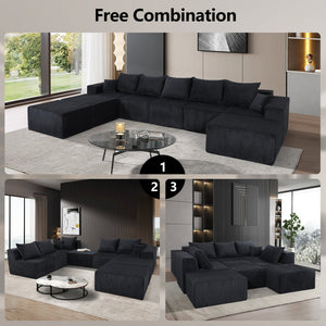 English Elm 8-Piece Modular U-Shaped Sectional Sofa with Oversized Chaise and Bed, Corduroy Luxury, No Assembly Needed Black W3163S00042