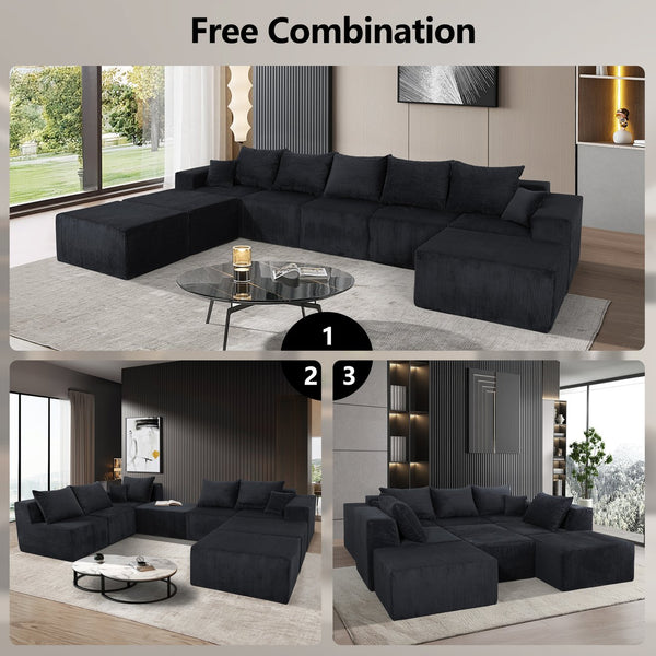 English Elm 8-Piece Modular U-Shaped Sectional Sofa with Oversized Chaise and Bed, Corduroy Luxury, No Assembly Needed Black W3163S00042