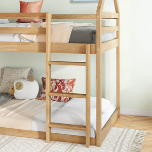 English Elm Twin Rubber Wood Floor Bunk Bed House-Shaped Design with Ladder Guardrails Sturdy Low-Profile Retreat White+Oak W504P206866