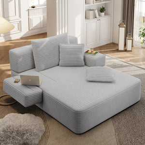 English Elm Luxurious Corduroy Convertible Chaise Lounge Sofa Bed with Foam Support for Apartments Light Grey W3219P449013
