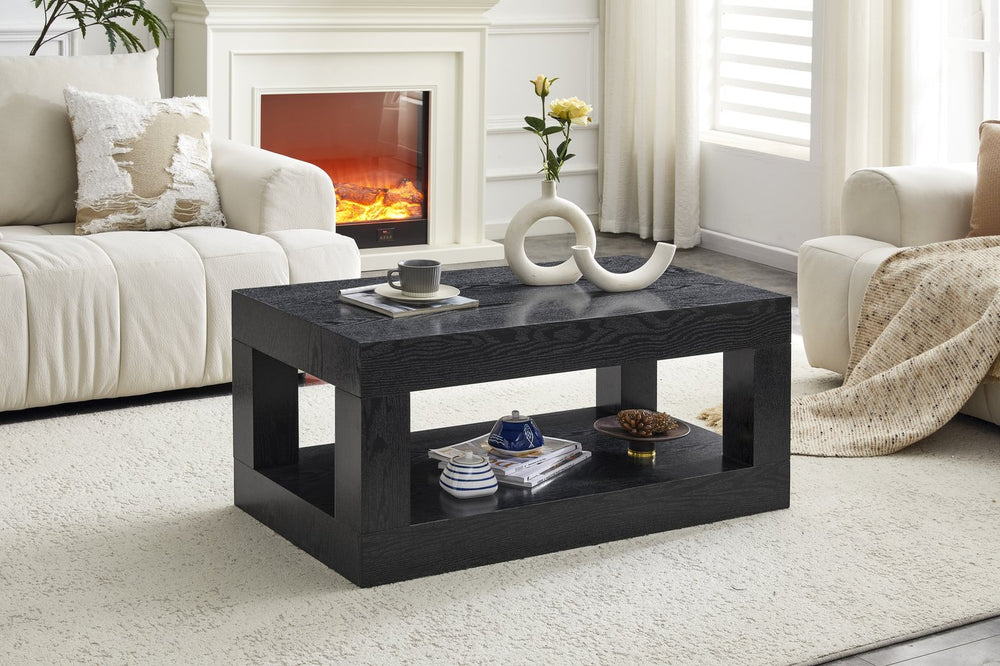 English Elm Modern Two Tier Rectangular Coffee Table with Open Shelf Storage for Living Rooms W3875P389554