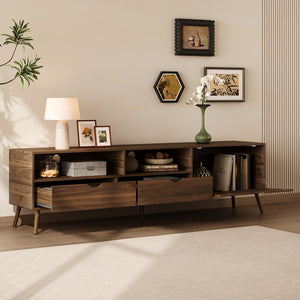 English Elm Mid Century TV Stand Natural Wood Grain with Drop-Down Door, 2 Drawers & 4 Cabinets, Cable-Managed Storage (Fits TVs up to 80") N710P295758P