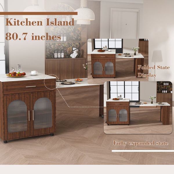 English Elm 80-inch Expandable Island Dining Set Walnut Marble Top Power Outlets 4 Wood Chairs W2700S00141