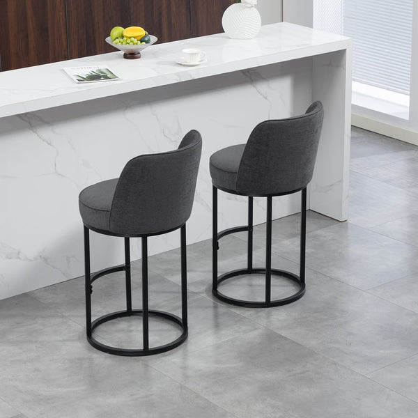 English Elm Counter Height Barstools Set of 2 Linen Upholstered Barrel Seat with Iron Legs Gray W395P410436