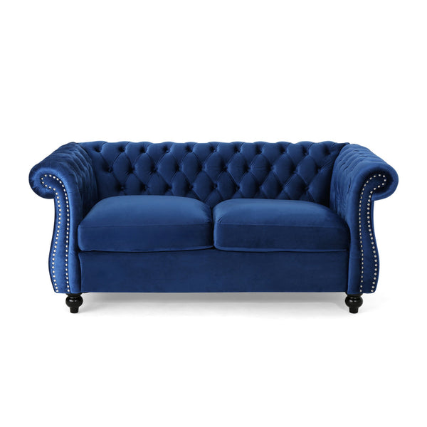 English Elm Christopher Knight Home® - LOVESEAT Plush Velvet Tufted Diamond Stitch with Nailhead Trim and Scrolled Arms for Luxe Comfort Navy Blue 63045.00NVLTNBLU