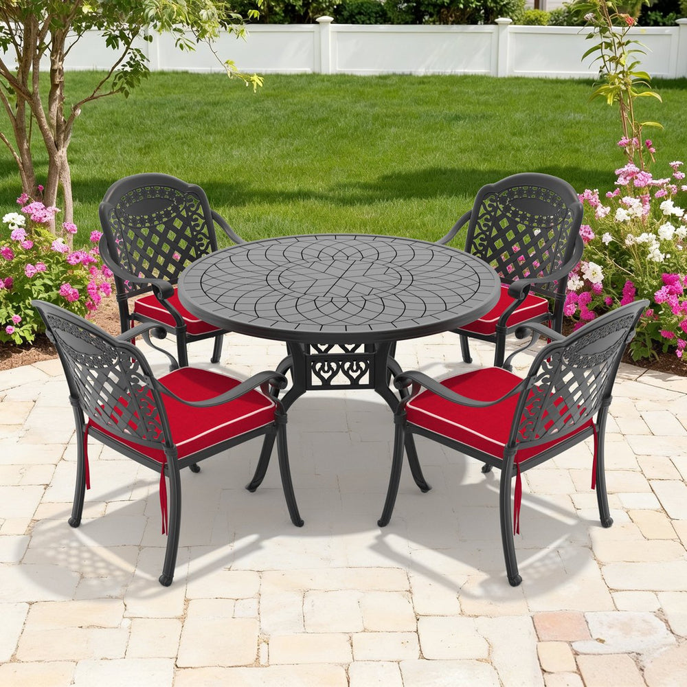 English Elm 5-piece Cast Aluminum Outdoor Dining Set with Carved Relief Frame and Cushioned Seats W1710S00635
