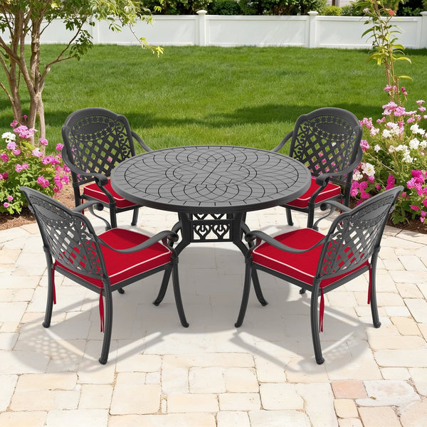 English Elm 5-piece Cast Aluminum Outdoor Dining Set with Carved Relief Frame and Cushioned Seats W1710S00635