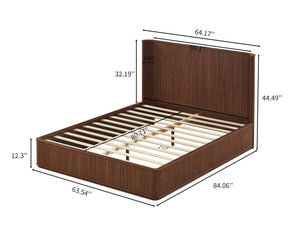 English Elm Natural Fluted Wood Platform Bed Minimalist Queen Frame with Tall Curved Headboard Walnut W5219S00003