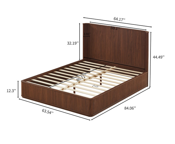 English Elm Natural Fluted Wood Platform Bed Minimalist Queen Frame with Tall Curved Headboard Walnut W5219S00003