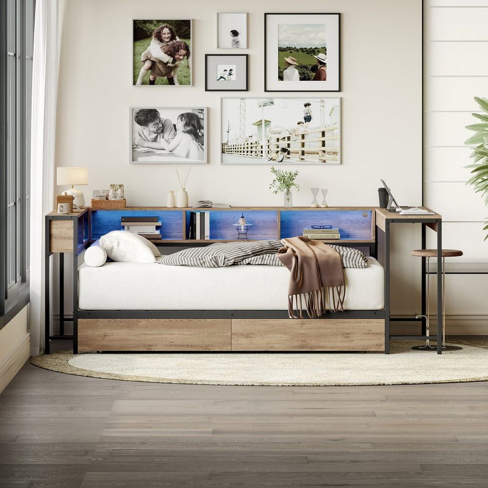 English Elm Corner Twin Platform Bed Bookcase Led Lighting Charging Station Underbed Storage W1670P428838