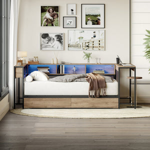 English Elm Corner Twin Platform Bed Bookcase Led Lighting Charging Station Underbed Storage W1670P428838