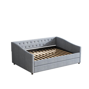 English Elm Full Size Daybed With Twin Trundle - Stylish Upholstered Sofa Bed In Light Grey With Nailhead Trim W2336S00036