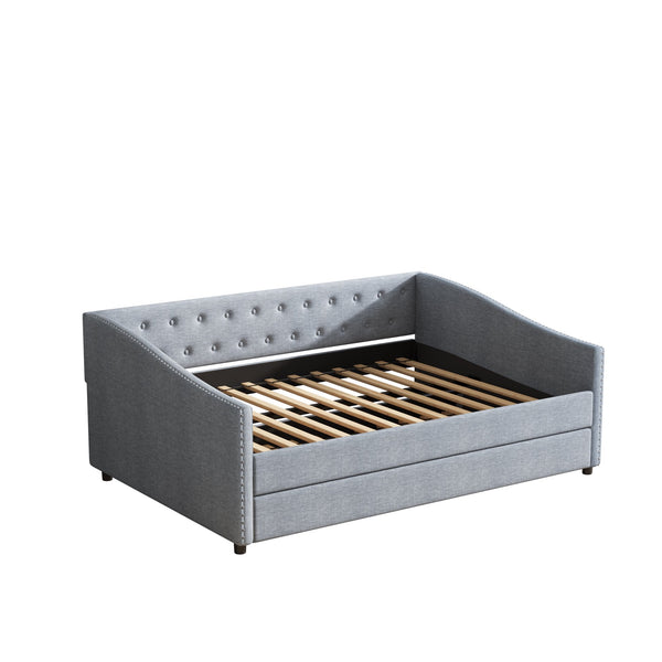 English Elm Full Size Daybed With Twin Trundle - Stylish Upholstered Sofa Bed In Light Grey With Nailhead Trim W2336S00036