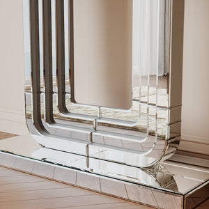 English Elm Mirrored Console Table Silver Glam Entryway Piece with Geometric U Base and Etched Detail W1445P370476