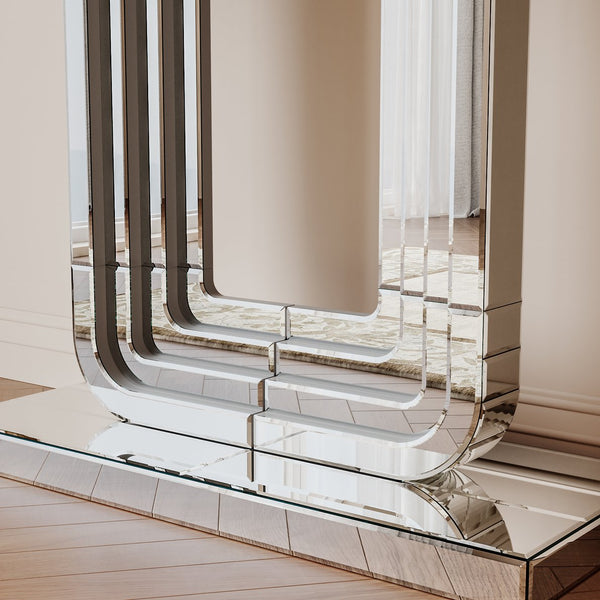 English Elm Mirrored Console Table Silver Glam Entryway Piece with Geometric U Base and Etched Detail W1445P370476