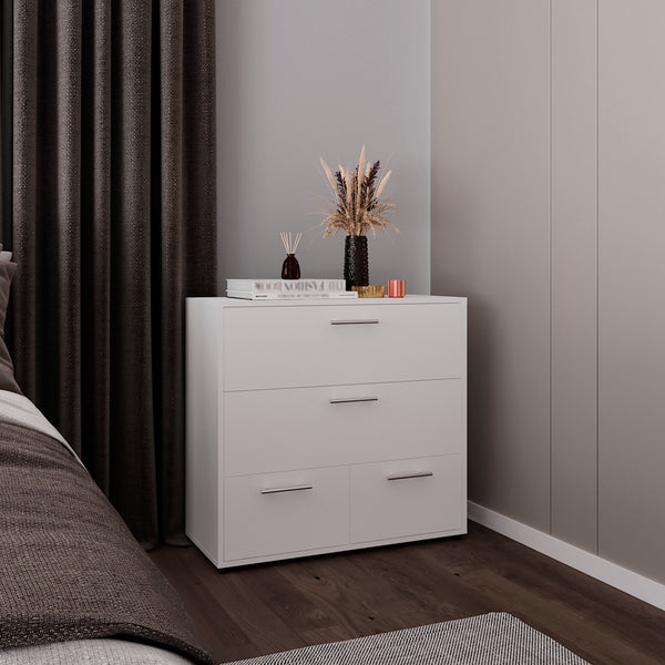 English Elm Alpine Wide Four Drawer Dresser – 31.5" White MDF Storage, Minimalist Design, Smooth-Glide Drawers B200P335332