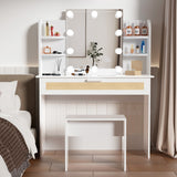 English Elm Vanity Desk Set Stool & Dressing Table With Led Lighting Mirror Drawer and Compartments Modern Wood Cosmetic Table Chest Of Drawers White Color