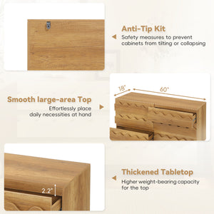 English Elm 60" Wave Front Six Drawer Dresser Sculptural Engineered Wood Media Console for Bedroom Oak N739S0000011N