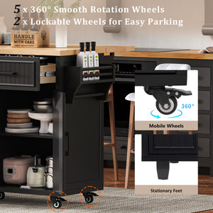 English Elm K&K 56.5" Kitchen Island with Drop Leaf, Embossed Vertical Stripe Barn Doors, Wheels & Charging Hub Black N707P263094B