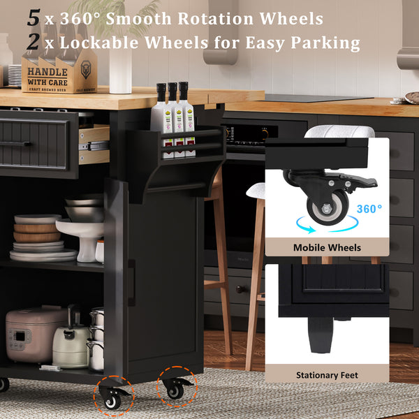 English Elm K&K 56.5" Kitchen Island with Drop Leaf, Embossed Vertical Stripe Barn Doors, Wheels & Charging Hub Black N707P263094B