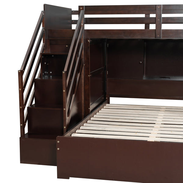 English Elm Twin Over Full Bunk Bed with Wardrobe Storage Stairs Shelves and Usb Charging Espresso LT000292AAP