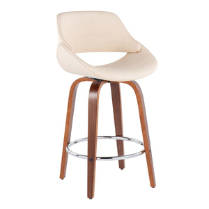 English Elm Fabrico Mid-Century Modern Counter Stool Set Of 2 - Walnut Wood, Cream Faux Leather, Chrome Footrest B202S00254
