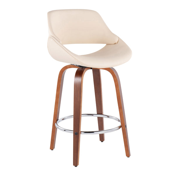English Elm Fabrico Mid-Century Modern Counter Stool Set Of 2 - Walnut Wood, Cream Faux Leather, Chrome Footrest B202S00254