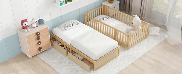 English Elm Twin Pinewood Daybed with Fence Guardrails Two Storage Drawers and Split Floor Bed Natural LP200881AAN
