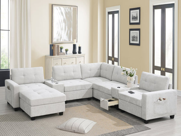 English Elm [new U-shaped Chenille Sectional Six Seat Tufted Couch with Usb Charging Storage Light Gray N723S1191K