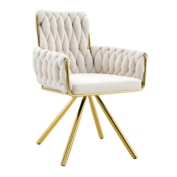 English Elm Set of 2 Velvet Upholstered Dining Chairs Braided Rope Back Glam Metal Legs Beige,Gold W3875P383929