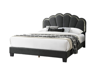 English Elm 1pc Queen Size Bed Wool Upholstered Platform with Channel Tufted Headboard and Built‑In LED Lighting Charcoal 66 L x 30 W x 10 H B011P238975