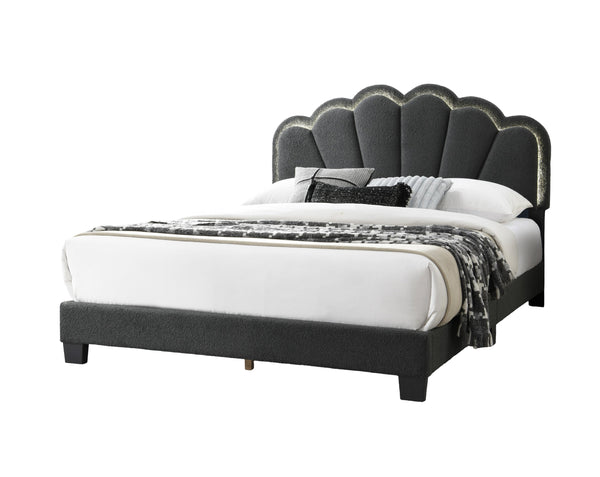 English Elm 1pc Queen Size Bed Wool Upholstered Platform with Channel Tufted Headboard and Built‑In LED Lighting Charcoal 66 L x 30 W x 10 H B011P238975
