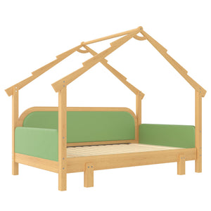 English Elm Twin Pine Treehouse Floor Bed with Padded Rails and Cabin Roofline for Kids Green W1580S00384