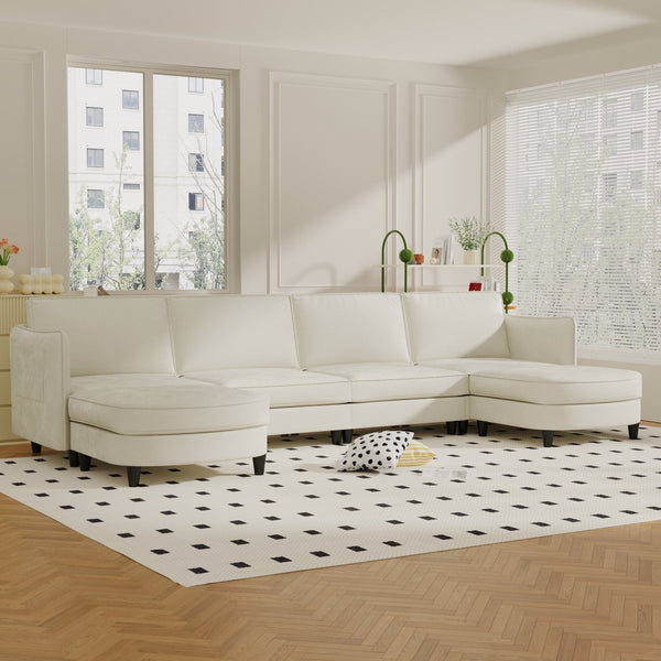 English Elm 141.5'' U-Shaped 6-Seater Sofa Couch With Movable Ottoman, Stylish Fabric, Ideal For Living Spaces W680S00038