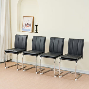 English Elm Modern Pu Leather Cantilever Dining Chairs Set of 4 with Steel Arc Frame for Kitchen Black And Silver W5123P454214