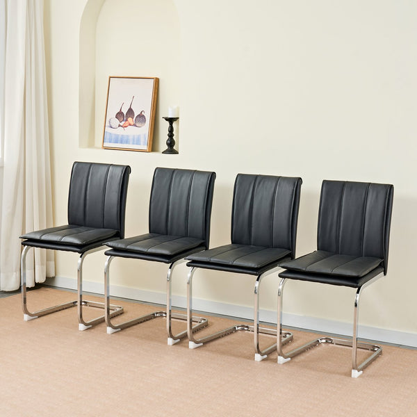 English Elm Modern Pu Leather Cantilever Dining Chairs Set of 4 with Steel Arc Frame for Kitchen Black And Silver W5123P454214