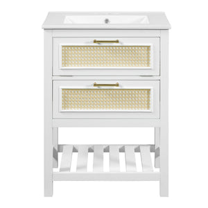 English Elm 24" Rattan Front Bathroom Vanity with Ceramic Sink Deep Drawer Storage Mdf Cabinet White N710P293990K