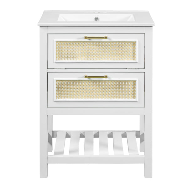 English Elm 24" Rattan Front Bathroom Vanity with Ceramic Sink Deep Drawer Storage Mdf Cabinet White N710P293990K