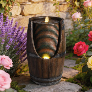 English Elm Outdoor Rustic Barrel Resin Fountain with Led Lights Farmhouse Waterfall Patio Decor Brown Gray W5397P454560
