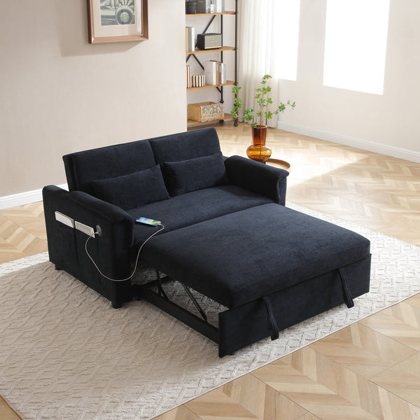 English Elm 55" Velvet Two Seater Pull Out Sofa Bed with USB Ports, Side Pockets, Adjustable Backrest, Compact Lounger Black W2677P288324