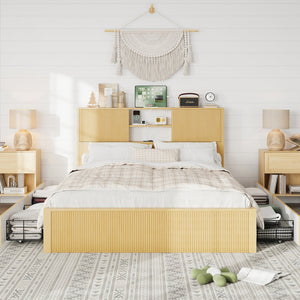 English Elm Queen Storage Bed Oak Finish Sliding Barn Door Headboard with Built-in Charging T3773P417190