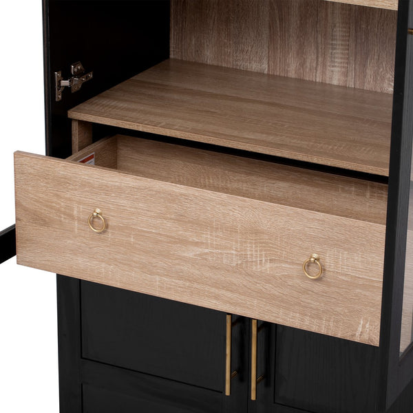 English Elm K&k Arched Farmhouse Pantry Cabinet Glass Doors Hidden Drawer Two Tone Kitchen Storage Black N707S288969B
