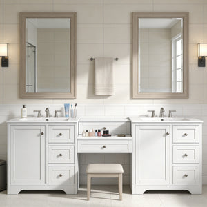 English Elm 84" Double Sink Vanity with Stone Countertop Six Soft Close Drawers and Silver Knobs White N817P404196W