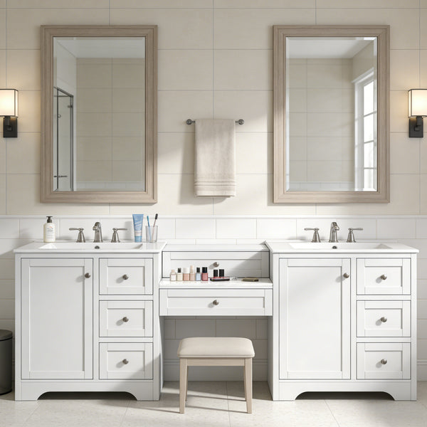 English Elm 84" Double Sink Vanity with Stone Countertop Six Soft Close Drawers and Silver Knobs White N817P404196W