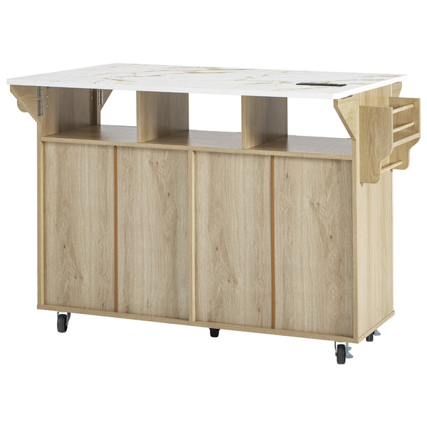 English Elm K&k Fluted Rolling Kitchen Island Faux Marble Top Power Outlet Storage Drawers Natural N707P353934Y