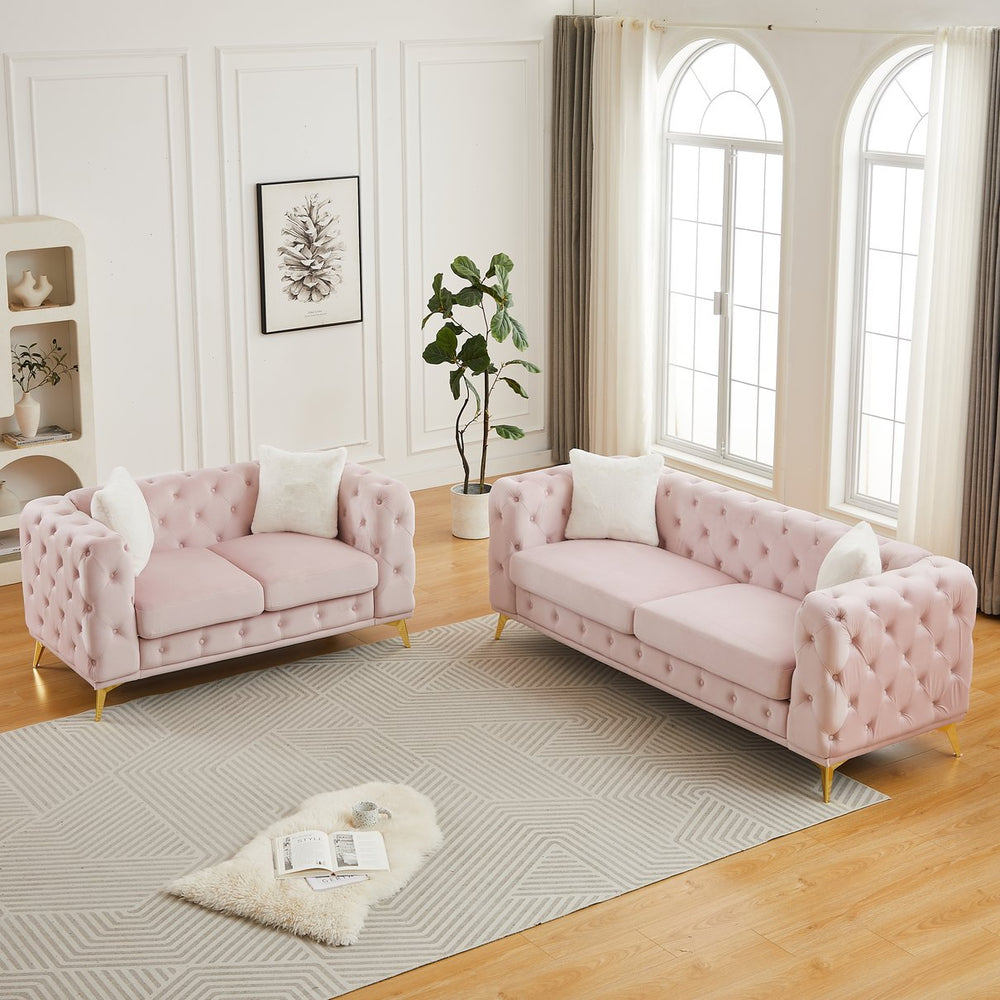 English Elm Fx Chesterfield Sofa Set Tufted Tech Fabric Upholstered Living Room Seating Combo Pink W1926S00087