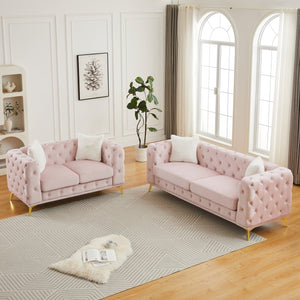 English Elm Fx Chesterfield Sofa Set Tufted Tech Fabric Upholstered Living Room Seating Combo Pink W1926S00087