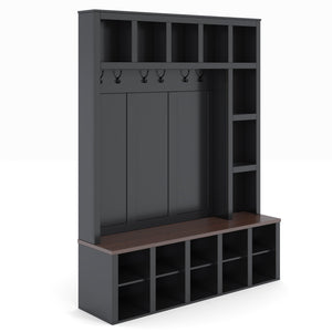English Elm Farmhouse Hall Tree Walnut Bench Two-tone Entryway Organizer with Six Hooks Shoe Storage N721S000044B-1