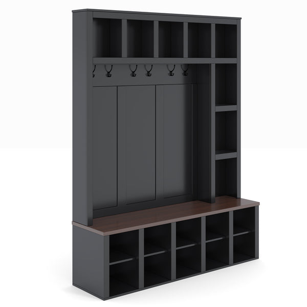 English Elm Farmhouse Hall Tree Walnut Bench Two-tone Entryway Organizer with Six Hooks Shoe Storage N721S000044B-1