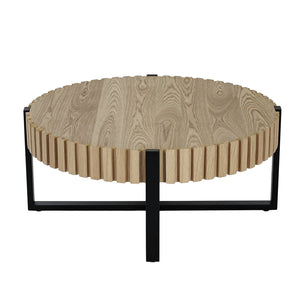 English Elm Round Gear Motif Drum Coffee Table Walnut Mdf Top Iron Base Compact Living Room Accent N770P372354N
